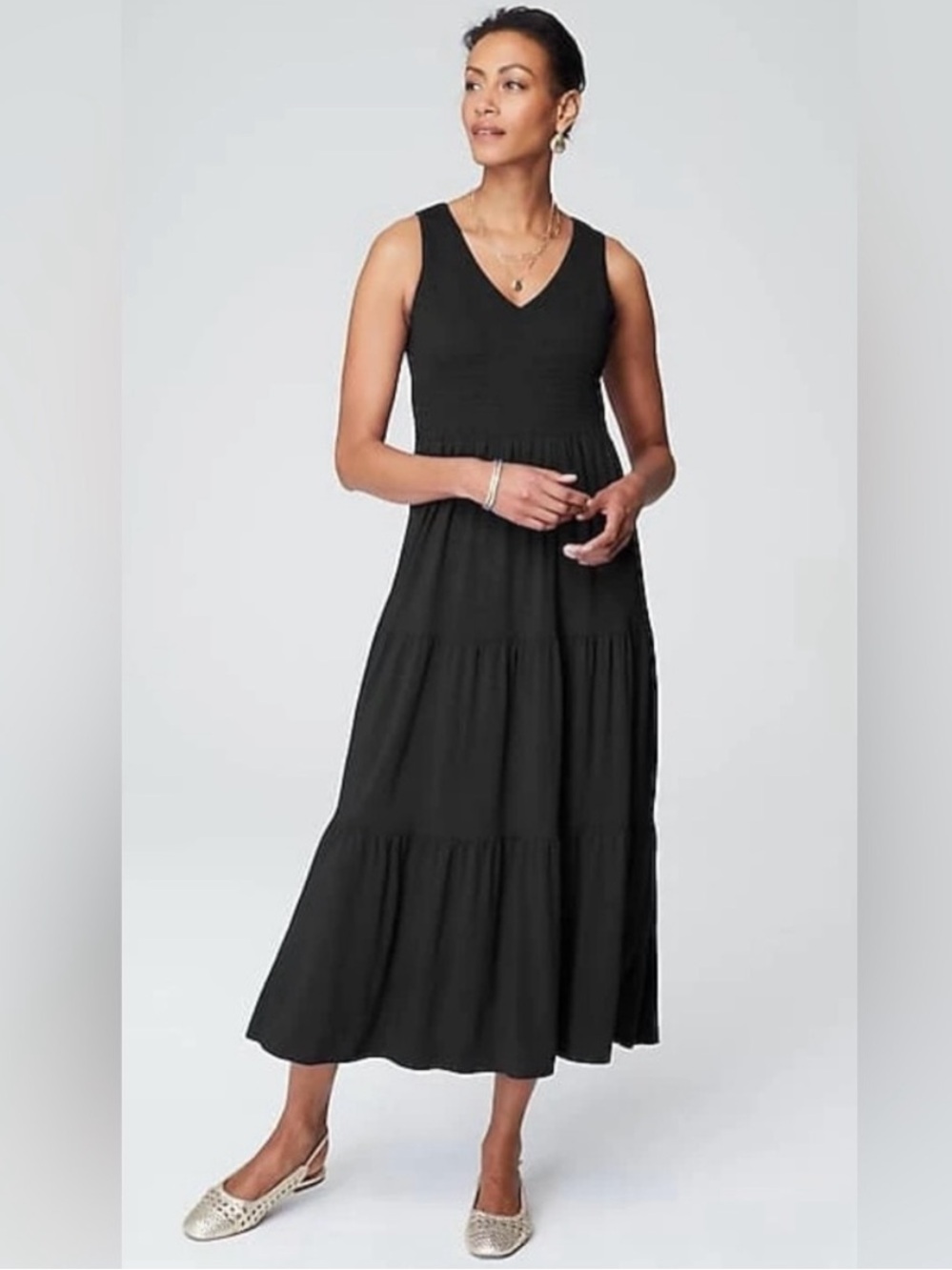 J. Jill Smocked Tiered Midi Dress Black Size M